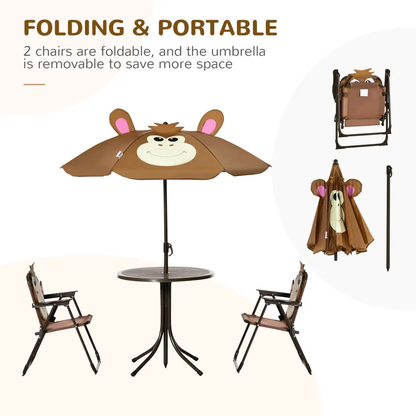 Kids Foldable Four-Piece Garden Set Table, Chairs, Umbrella by Outsunny