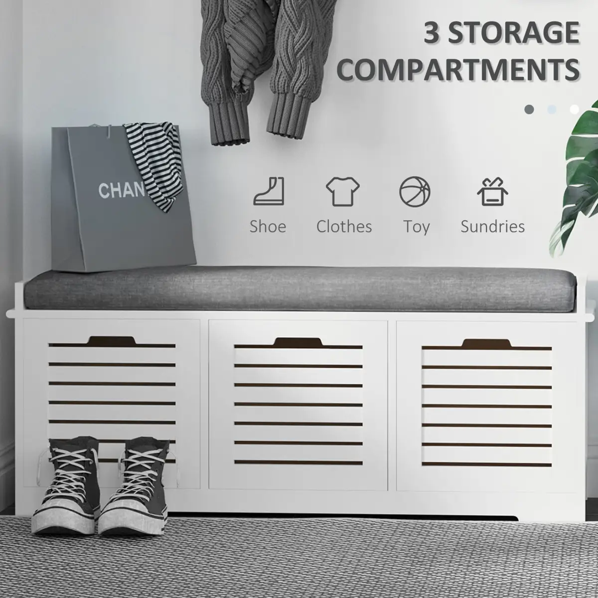 HOMCOM 3-Door Shoe Storage Bench Cushion Seat Slatted Doors Elevated Base White by HOMCOM