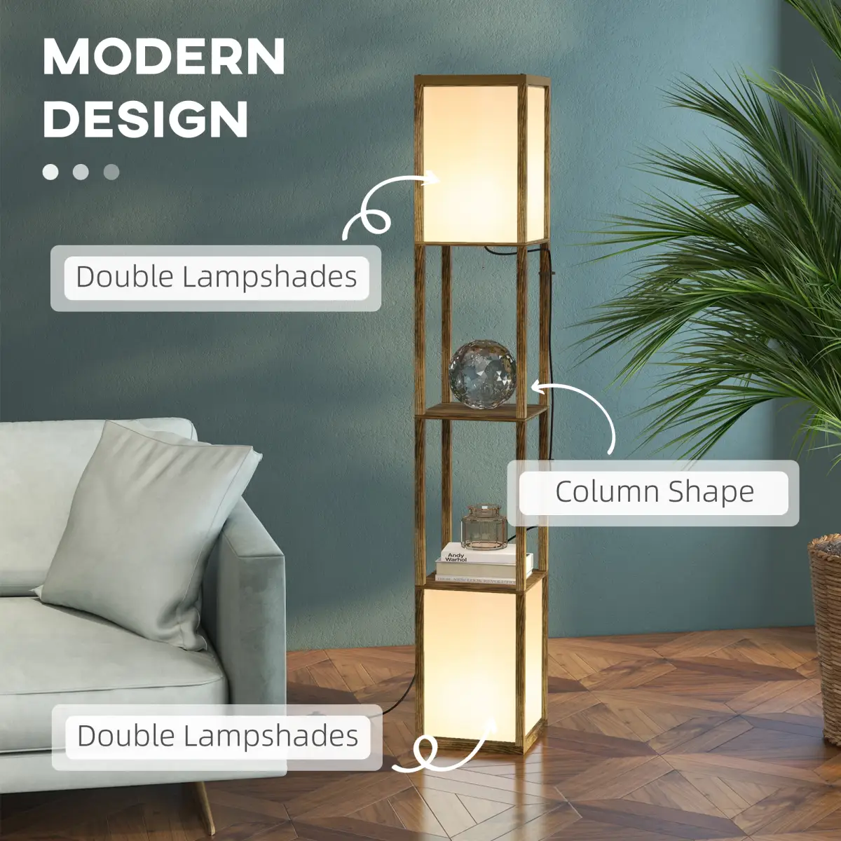 HOMCOM Shelf Floor Lamp with Dual Light, for Living Room, Bedroom, Brown by HOMCOM
