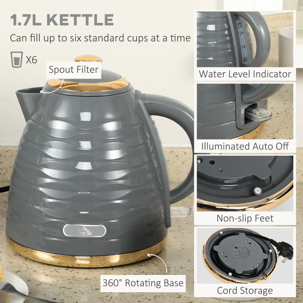 HOMCOM Kettle and Toaster Set 1.7L Rapid Boil Kettle & 4 Slice Toaster Grey by HOMCOM