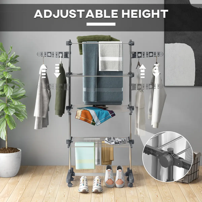 HOMCOM 4-Tier Large Clothes Airer Stainless Steel Clothes Drying Rack Grey by HOMCOM