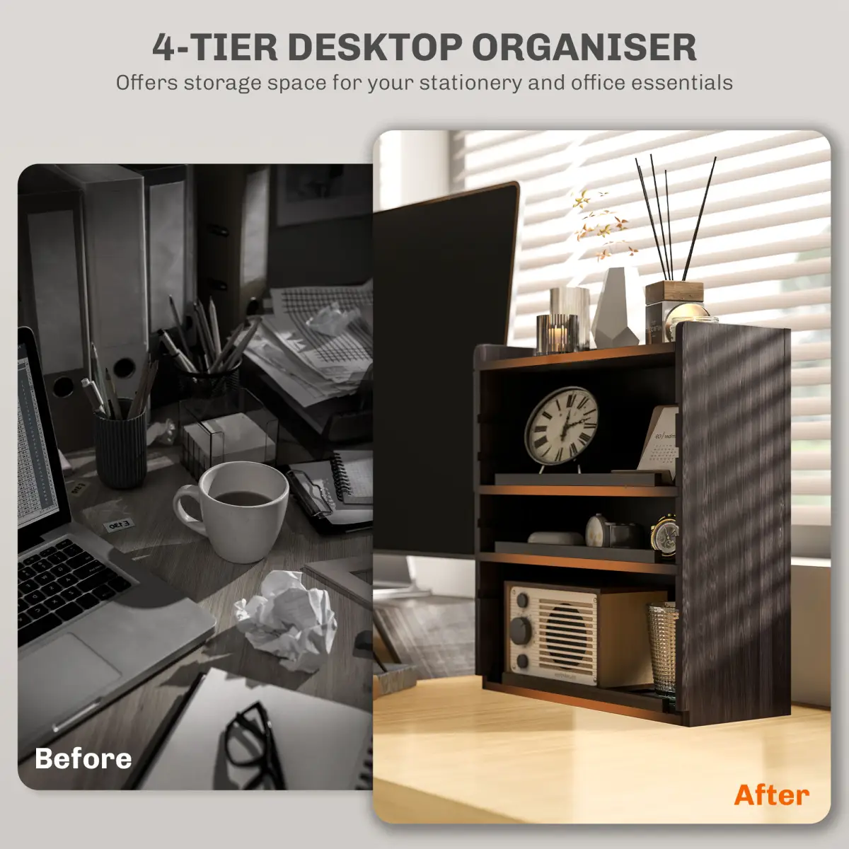 HOMCOM 4-Tier Desktop Organiser with Cable Management for Stationery Dark Brown by HOMCOM