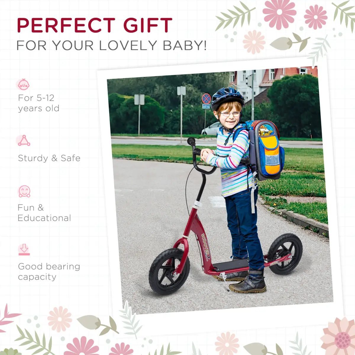 Push Scooter Teen Kids Stunt Bike Ride On with 12" EVA Tyres, Red HOMCOM by Unbranded