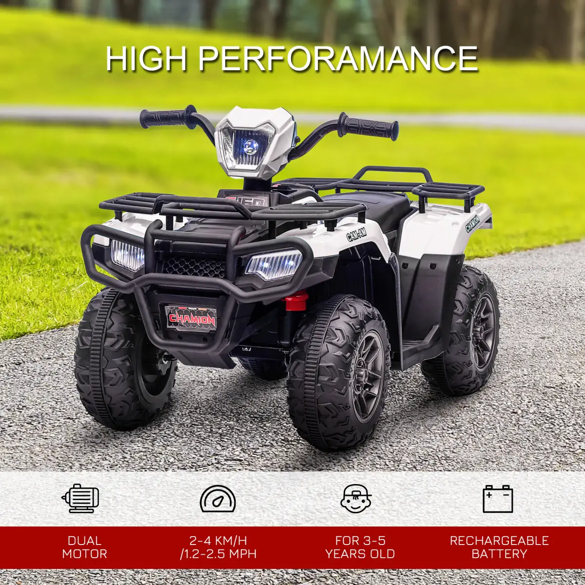 HOMCOM 12V Electric Quad Bike for Kids w/ LED Headlights, Music - White by HOMCOM