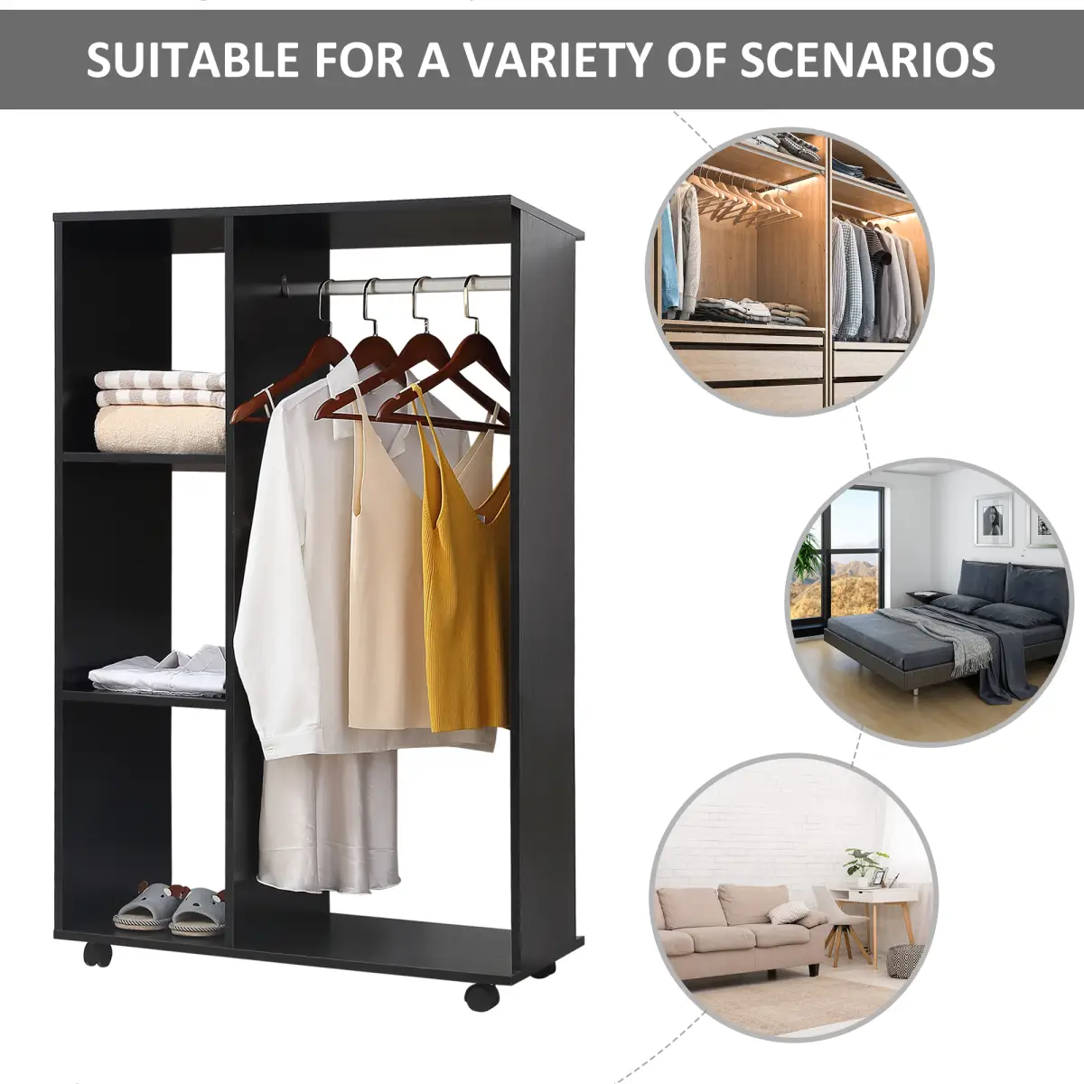 Rolling Open Wardrobe Hanging Rail Storage Shelves for Clothes, Black by HOMCOM
