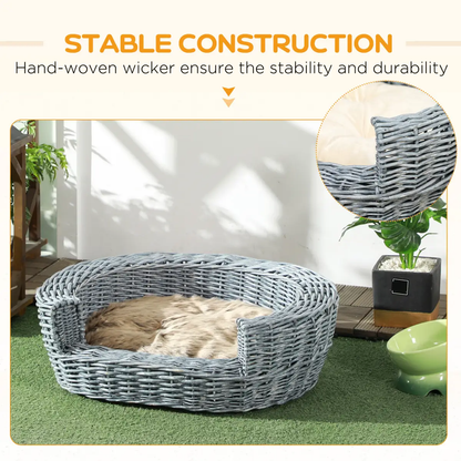 Elevated Dog Cat Couch Pet Basket Sofa Bed Wicker Willow Rattan Cushion Pawhut by Unbranded