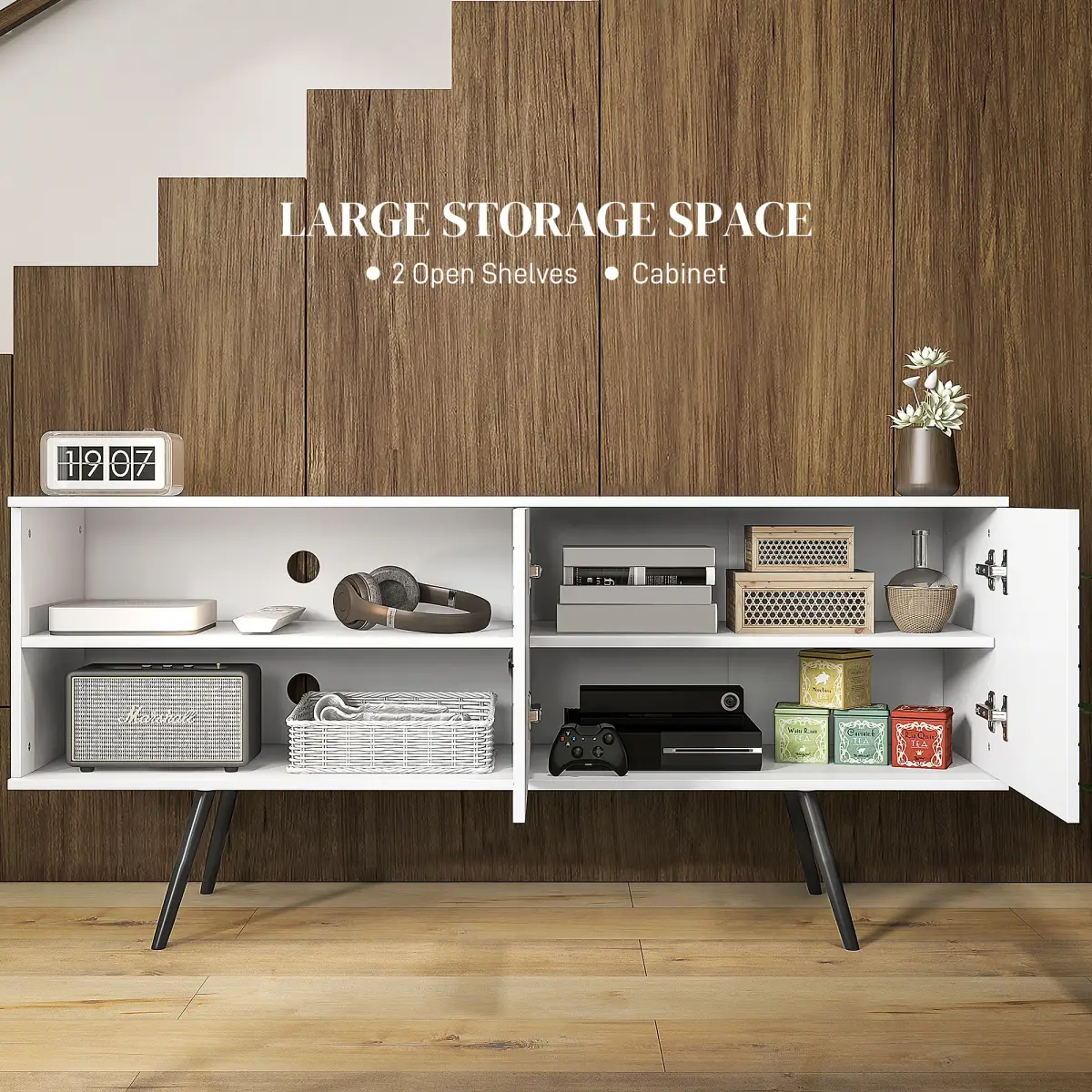 HOMCOM TV Unit for 65" TVs with 2 Open Shelves, Door and 2 Cable Holes, White by HOMCOM