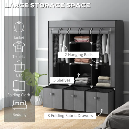 HOMCOM Portable Wardrobe w/ 5 Shelves 3 Fabric Drawers and 2 Hanging Rails Grey by HOMCOM