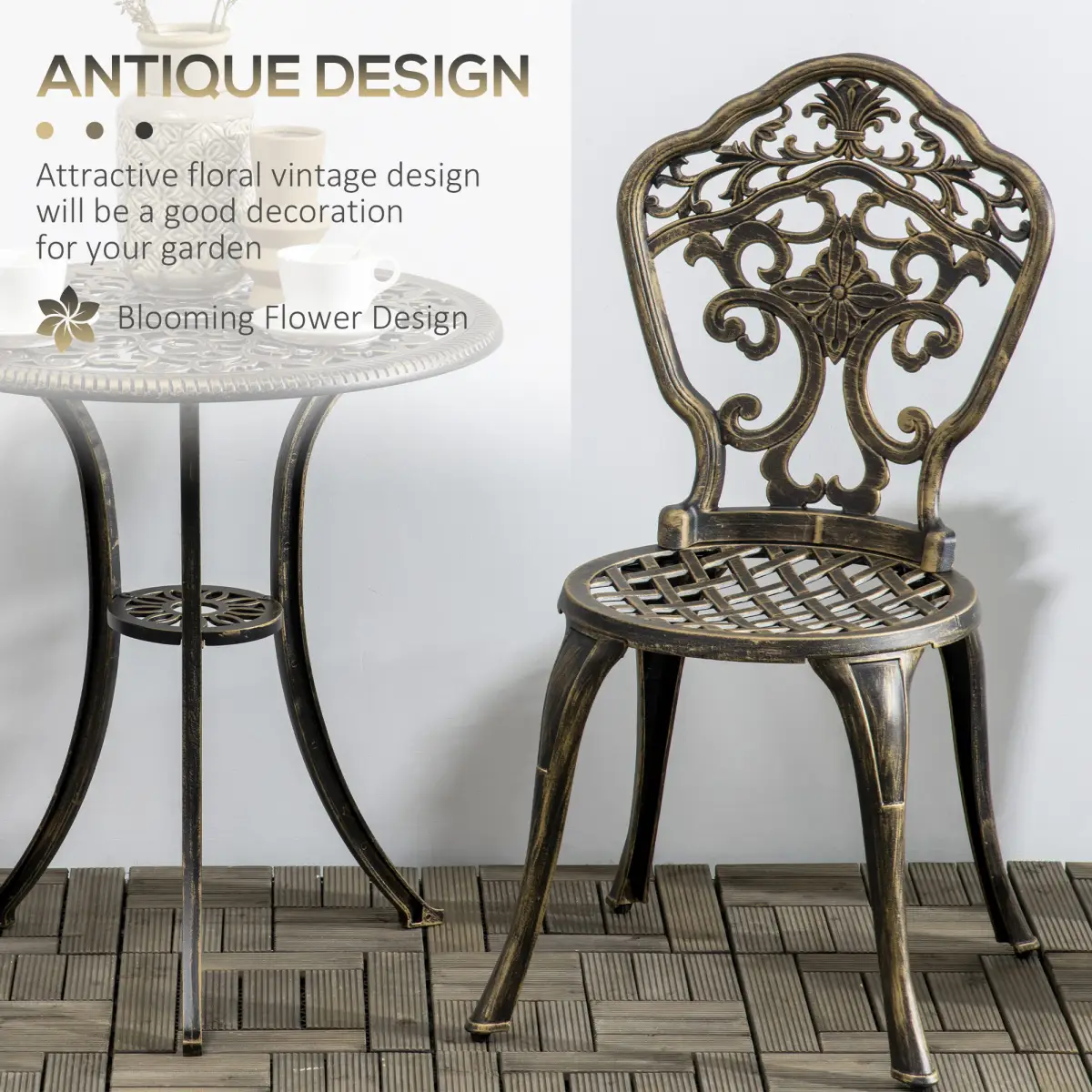 3 Piece Cast Aluminium Garden Bistro Set with Parasol Hole for Balcony, Patio by Outsunny