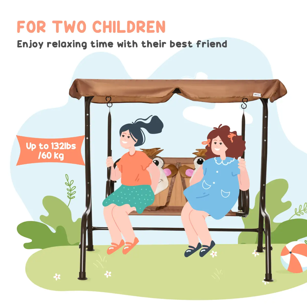 Two-Seat Kids Canopy Swing Chair Adjustable Awning, Seatbelt by Outsunny