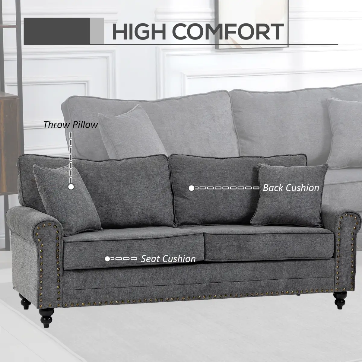 2 Seater Sofas Fabric Sofa with Nailhead Trim Cushions and Throw Pillows Grey by Unbranded