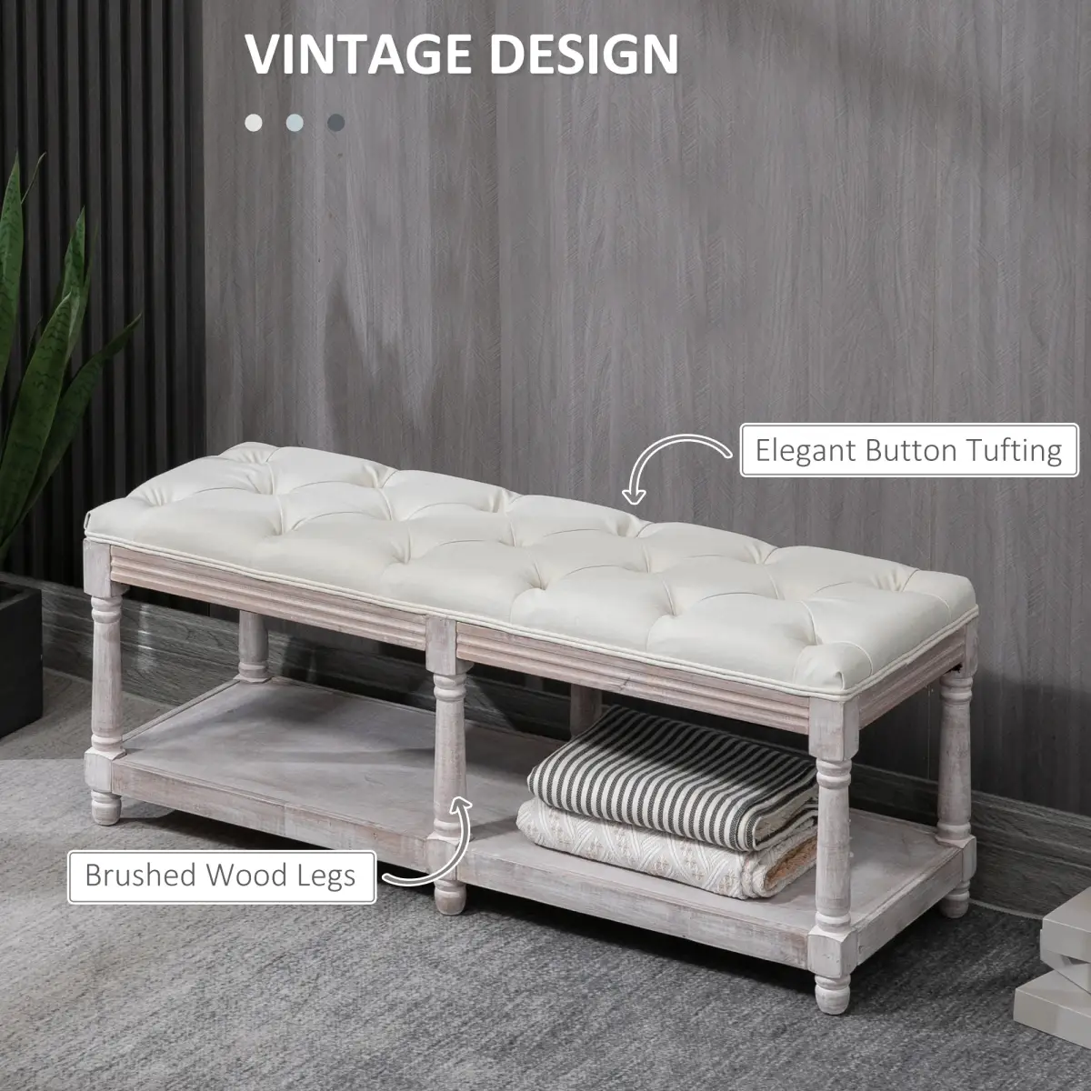 HOMCOM 2-Tier Bed End Bench, Vintage Stool Button Tufted Seat Cream White by Unbranded