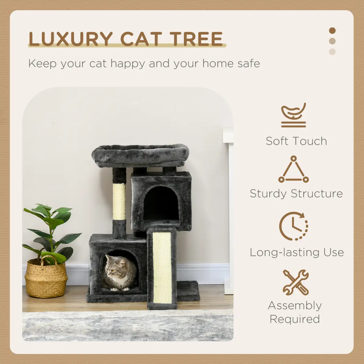 Cat Rest & Play Activity Tree w/ 2 House Perch Scratching Post Black Pawhut by Unbranded