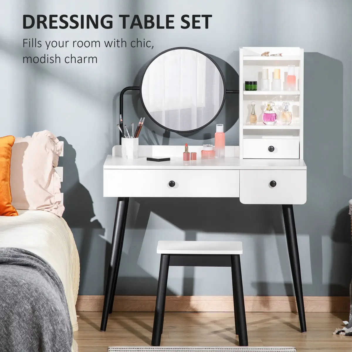 Dressing Table Set with 3 Drawers, Storage shelves and Stool, White by Unbranded