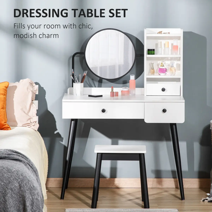 Dressing Table Set with 3 Drawers, Storage shelves and Stool, White by Unbranded