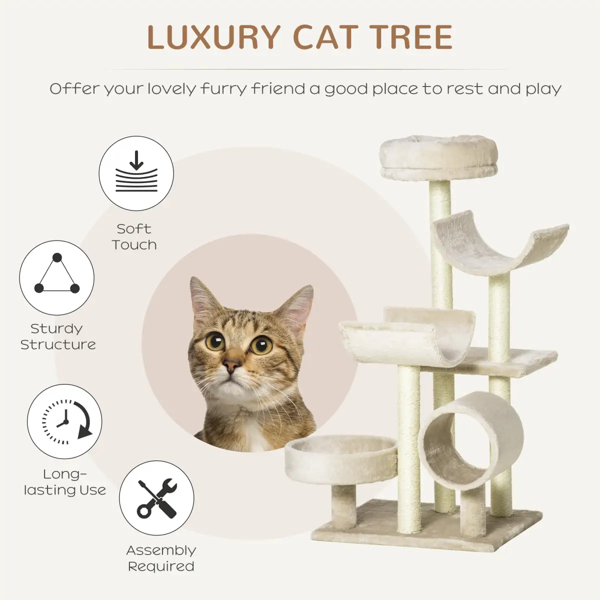 Multi-Level Large Cat Tree Scratching Post Perch Play Center Tunnel Beige by Pawhut
