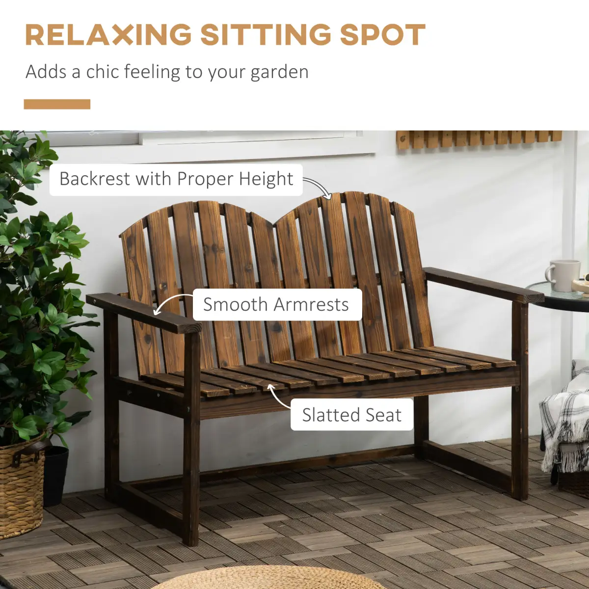 Outdoor Wooden Bench for Two People, Patio Loveseat Chair with Slatted Backrest by Outsunny