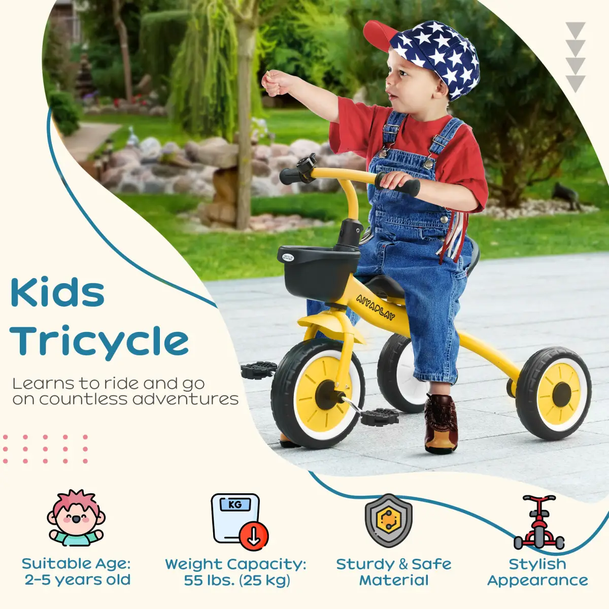 AIYAPLAY Trike with Adjustable Seat Basket Kids Tricycle for 2-5 Year Old Yellow by AIYAPLAY