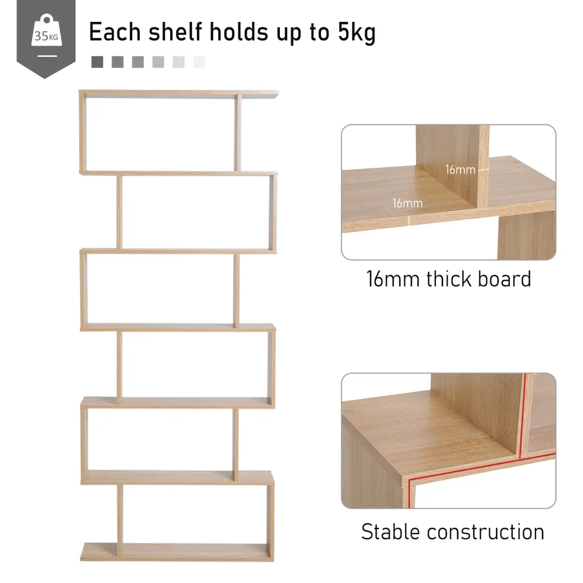 6-Tier Wooden Modern S-Shaped Shelf Storage Unit Home Office Oak Colour by Unbranded