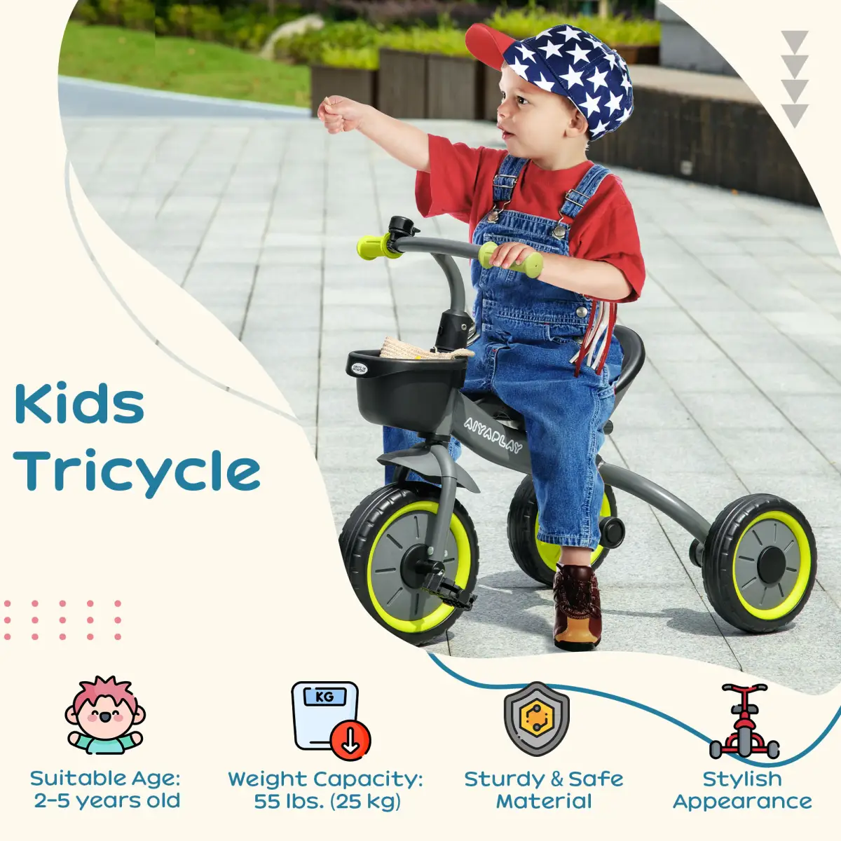 AIYAPLAY Trike with Adjustable Seat Basket Kids Tricycle for 2-5 Years Old Black by HOMCOM