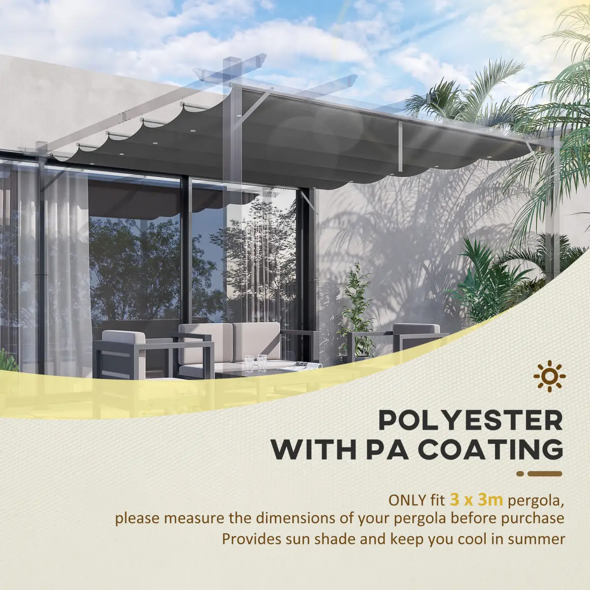 Pergola Shade Cover for 3 x 3m Pergola, Replacement Canopy Fabric Only, Grey by Outsunny