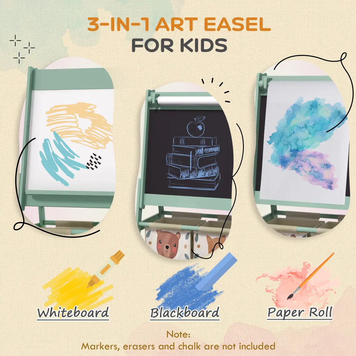 AIYAPLAY Kids Easel with Paper Roll, Blackboard, Whiteboard, Storage, Green by AIYAPLAY