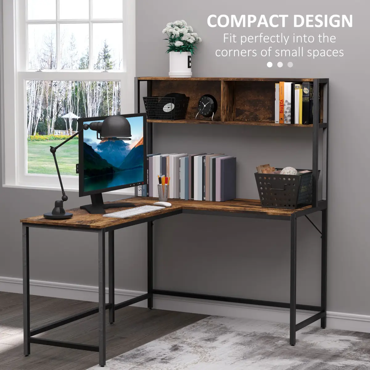 149x140x125cm Industrial L-Shaped Desk w Shelf - Brown & Black by HOMCOM