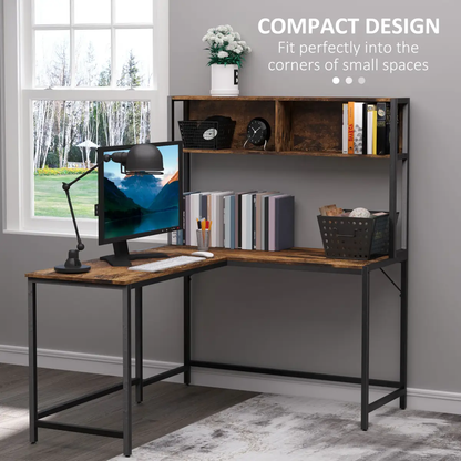 149x140x125cm Industrial L-Shaped Desk w Shelf - Brown & Black by HOMCOM