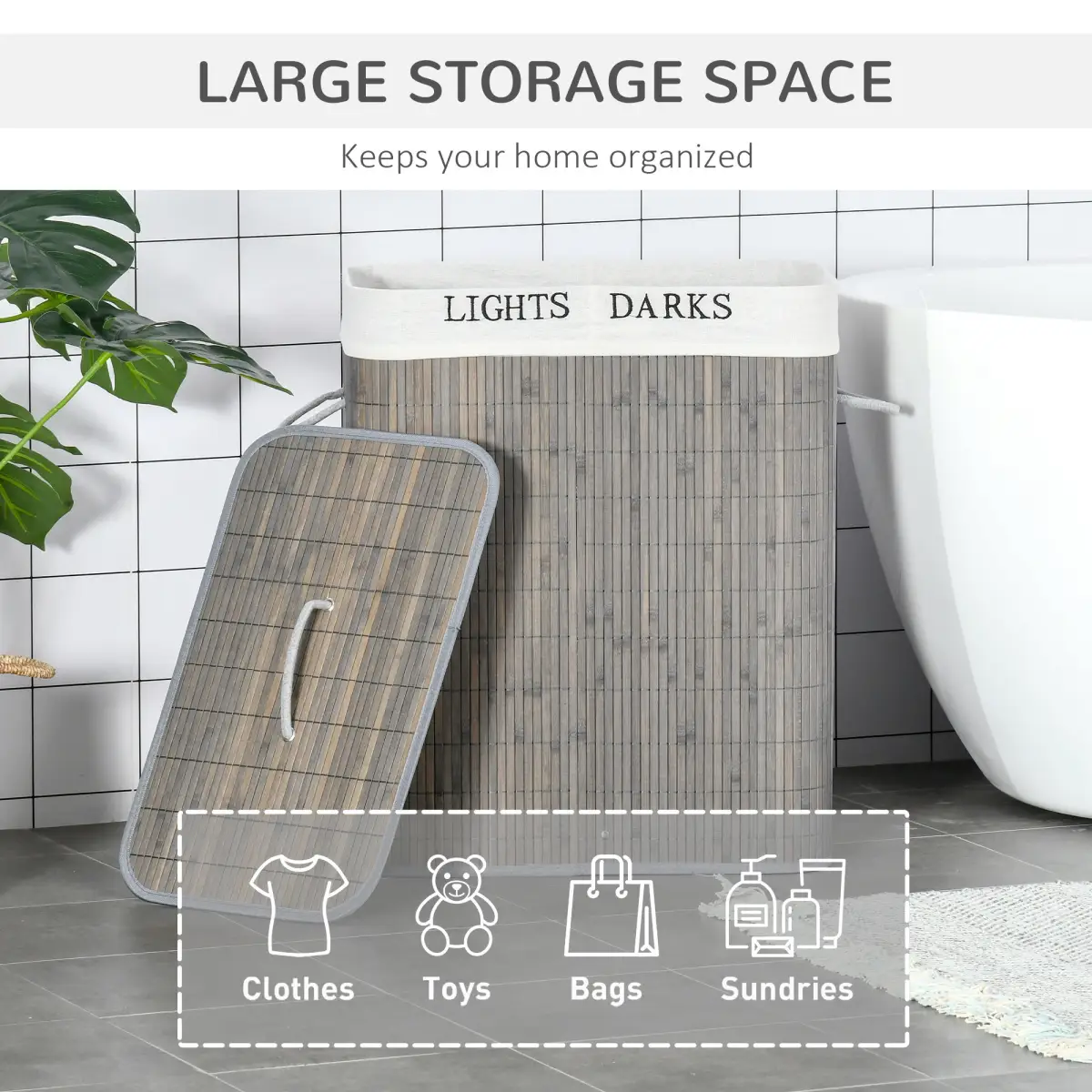 100L Bamboo Laundry Basket with Flip Lid Foldable, Grey Lining, by HOMCOM