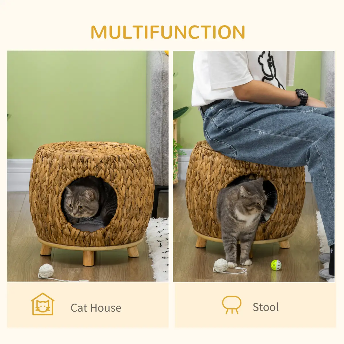 Rattan Cat House Stool, Wicker Kitten Bed for Outdoors and Indoors w/ Cushion by Unbranded