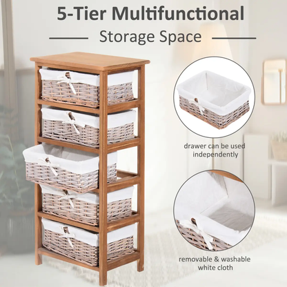 5-Drawers Storage Unit Wooden Frame W/ Wicker Woven Baskets by HOMCOM