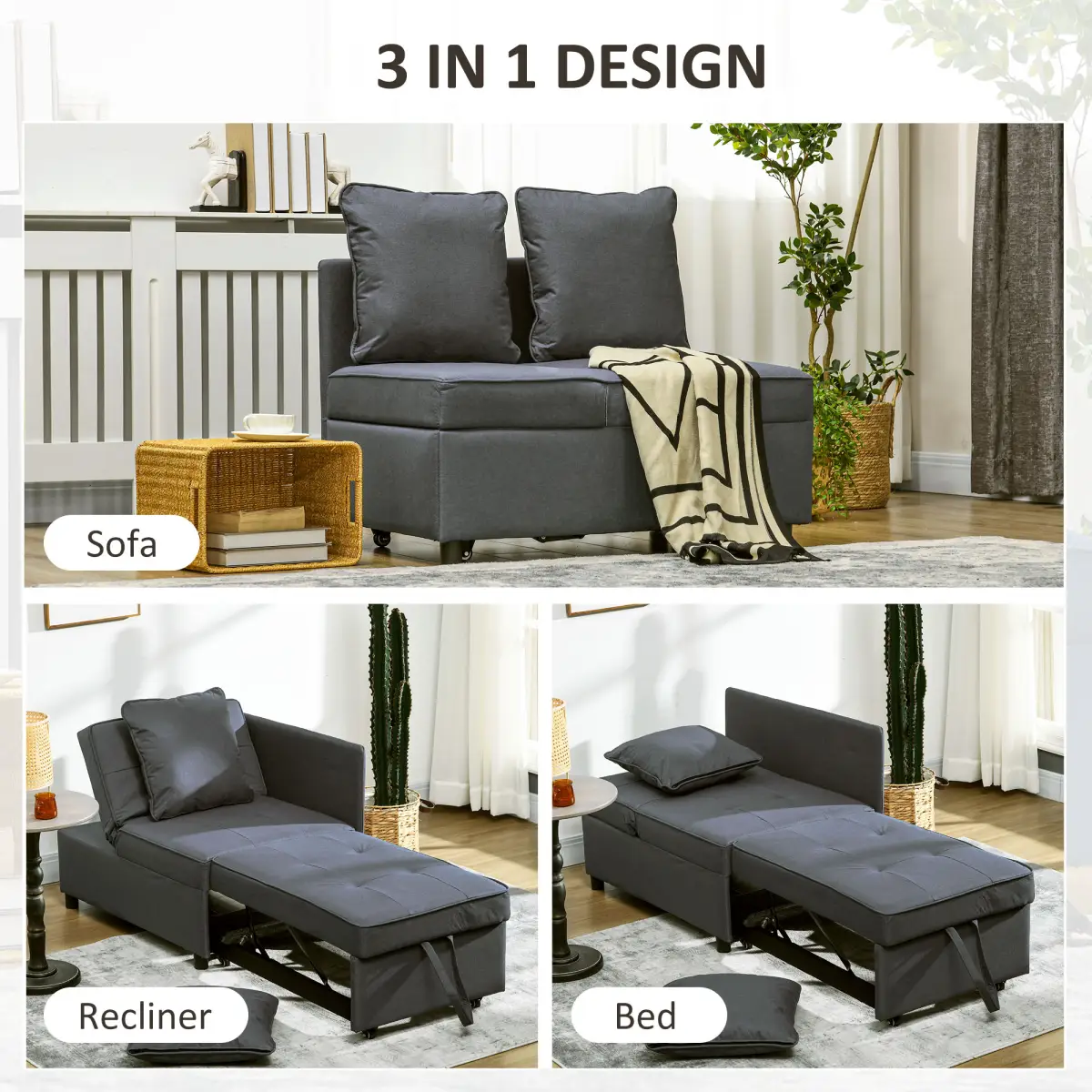 HOMCOM Folding Sleeper Sofa Bed Chair with Pillows, Pocket, Grey by HOMCOM
