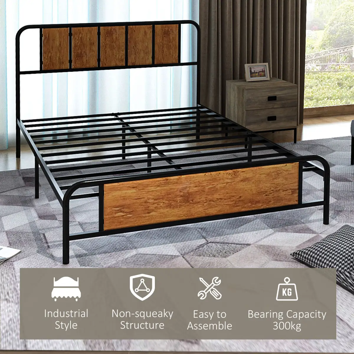 Double Bed Frame Steel Bed Base with Headboard 145 x 199cm Brown by HOMCOM