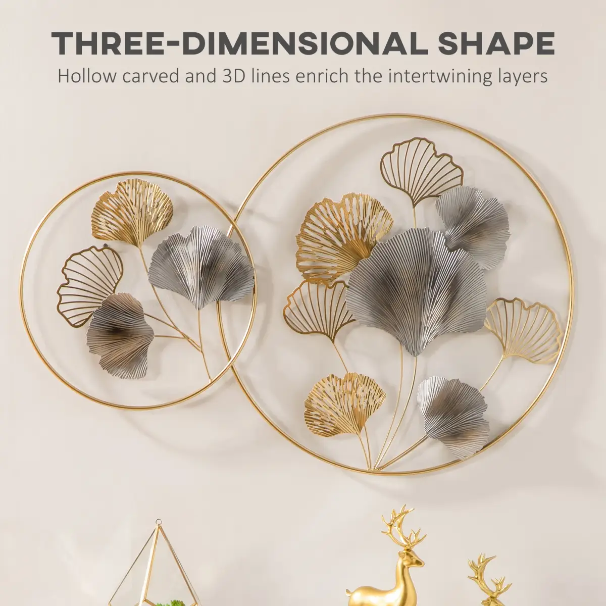 Minimalist Metal Wall Art Ginkgo Leaves Hanging Wall Sculpture, Gold by HOMCOM