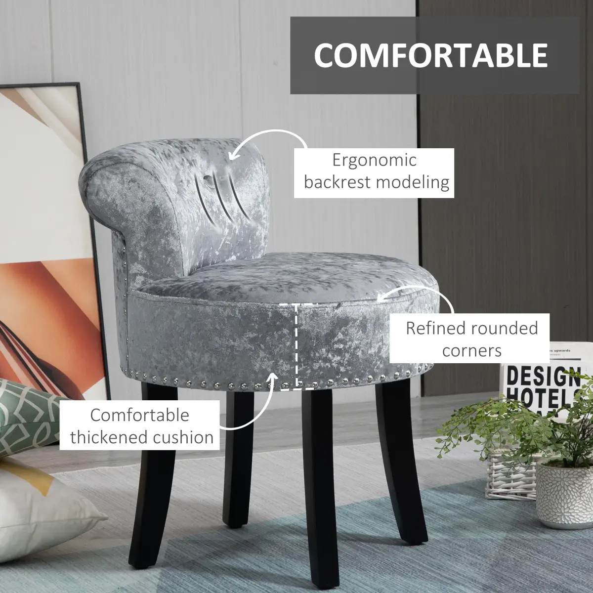 Dressing Table Stool Vanity Seat w/ Rubber Wood Legs Bedroom - Grey by HOMCOM