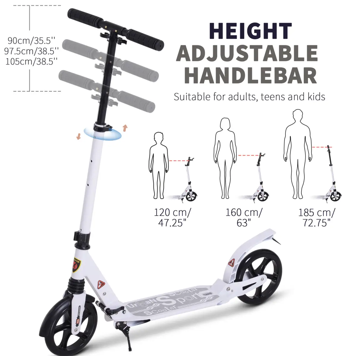Kick Scooter Folding 2 Big Wheels Adjustable Adult Teens For 14 White HOMCOM by Unbranded