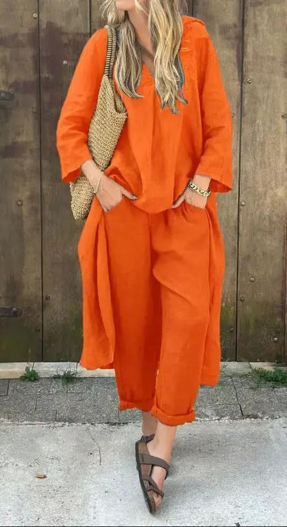 2pcs Long-sleeved Suits Loose V-neck Long Top And High Waist Wide Leg Pants With Pockets Women's Clothing by Dropshipman