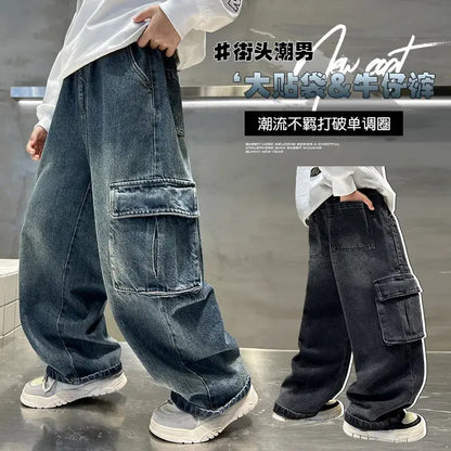 New Autumn Children Cargo Jeans with Side Pocket for Tween fried street Boys Loose Straight Denim Pants Kids Retro Blue Trousers by All Mart Bristol Ltd