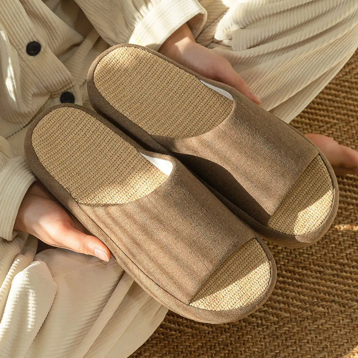 Summer Women Home Slippers Linen Summer Flats Shoes Breathable Sandals Comfortable Non-Slip Soft Slides Indoor Men Slippers by All Mart Bristol Ltd