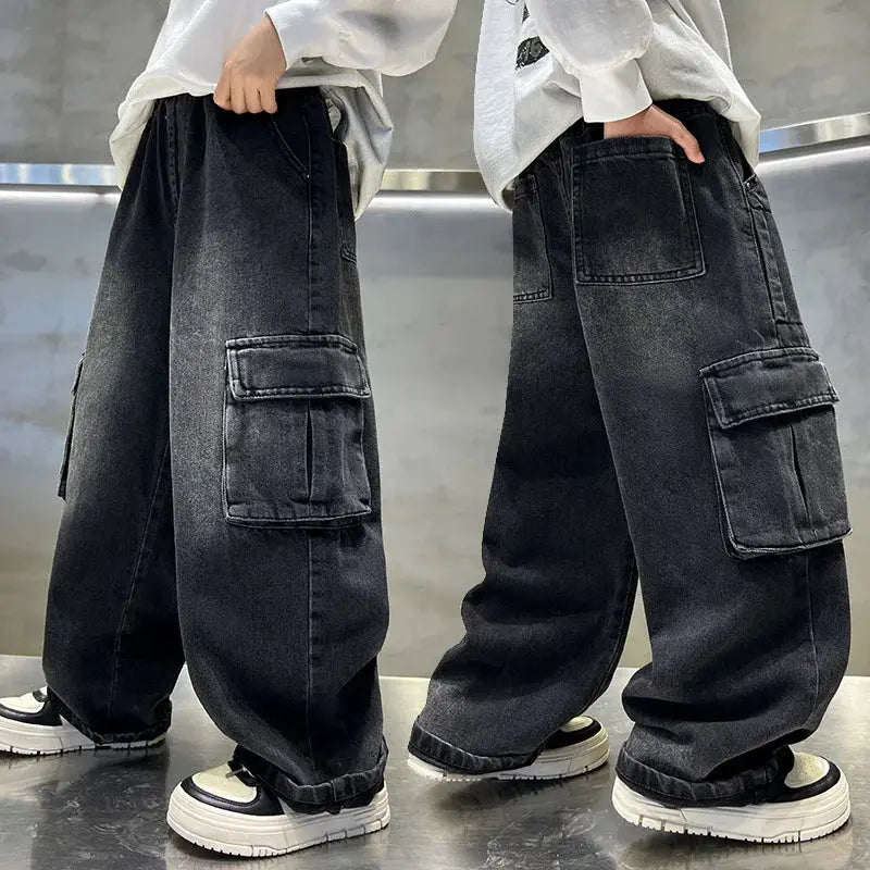 New Autumn Children Cargo Jeans with Side Pocket for Tween fried street Boys Loose Straight Denim Pants Kids Retro Blue Trousers by All Mart Bristol Ltd