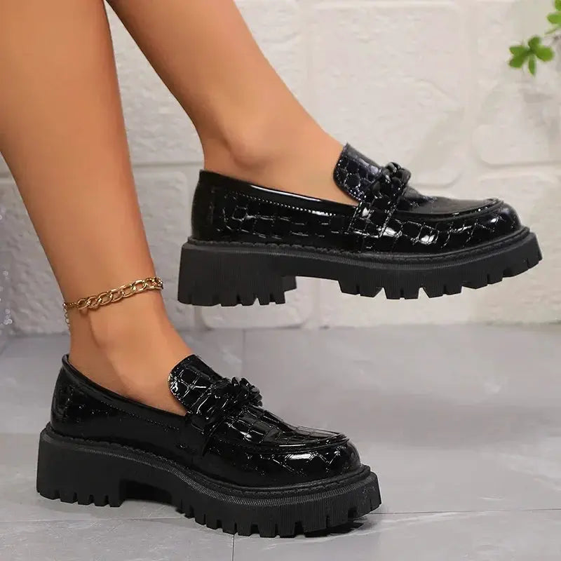 Women's Chain Decor Platform Loafers Fashion Black Patent Leather Dress Shoes Woman Comfortable Slip On Flat Shoes Plus Size 42 by All Mart Bristol Ltd