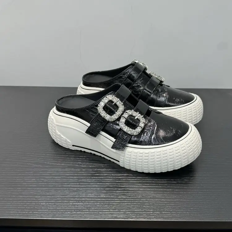 Women's Genuine Leather Platform Mules 2026 New Arrival, Square Buckle, Velcro, Rhinestone, Lazy Slip-on Closed-Toe Casual Slide Sandals by Dropshipman