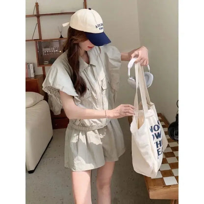 Women's Suit Fashion Two Piece Set Shirt Shorts Cotton Petite Women Summer Sweet Cool Youthful Fashionable Trendy High End by All Mart Bristol Ltd