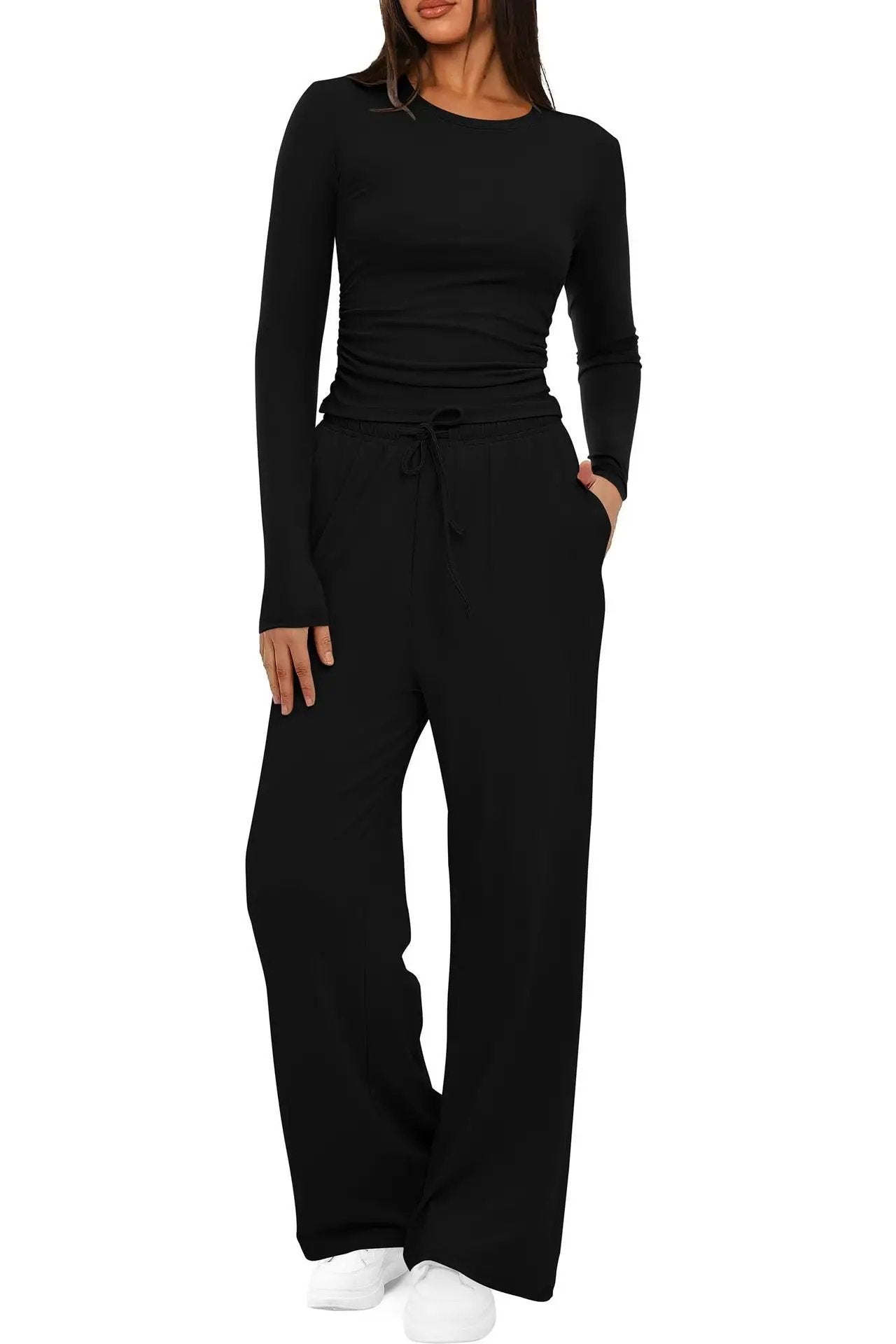 2 Pieces Women's Suit Autumn Winte Long Sleeve Tops High Waisted Wide Leg Pants Sportswear Female Clothes Solid Color Casual Suit by Dropshipman