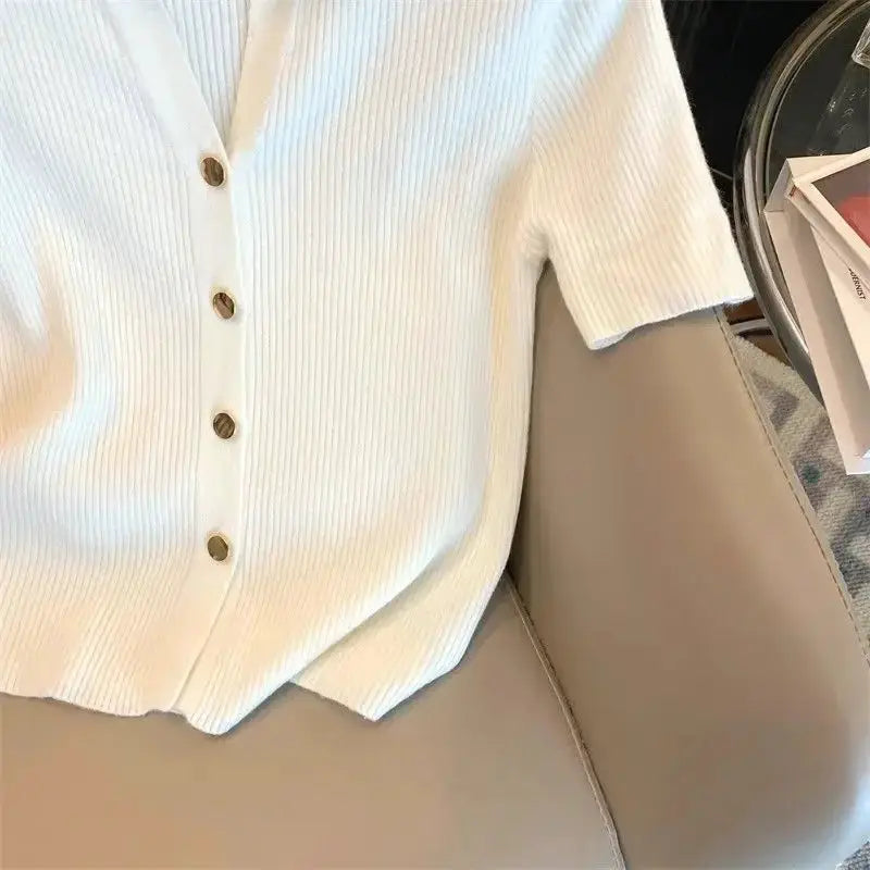 Chic Knitted Polo-neck Shirt Women's 2025 Korean Summer Thin Cardigan Short Sleeve T-Shirt Casual Single Breasted Knitwear Tops by All Mart Bristol Ltd