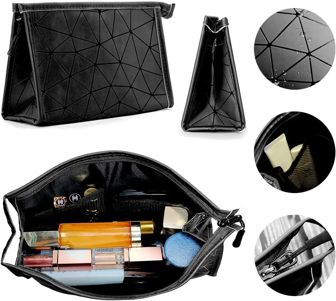 Stylish 3-Piece Makeup Bag Set - Double Layer Cosmetic Organizer + 2 Travel Toiletry Bags with Diamond Pattern for Men and Women (Black) by All Mart Bristol Ltd