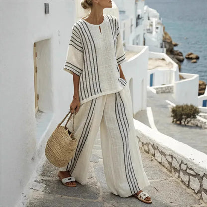 Breathable Casual Set Striped Cotton Print Tee Set Comfortable Lightweight Wideleg Pants Set Summer Two Piece Relaxed Outfit by All Mart Bristol Ltd