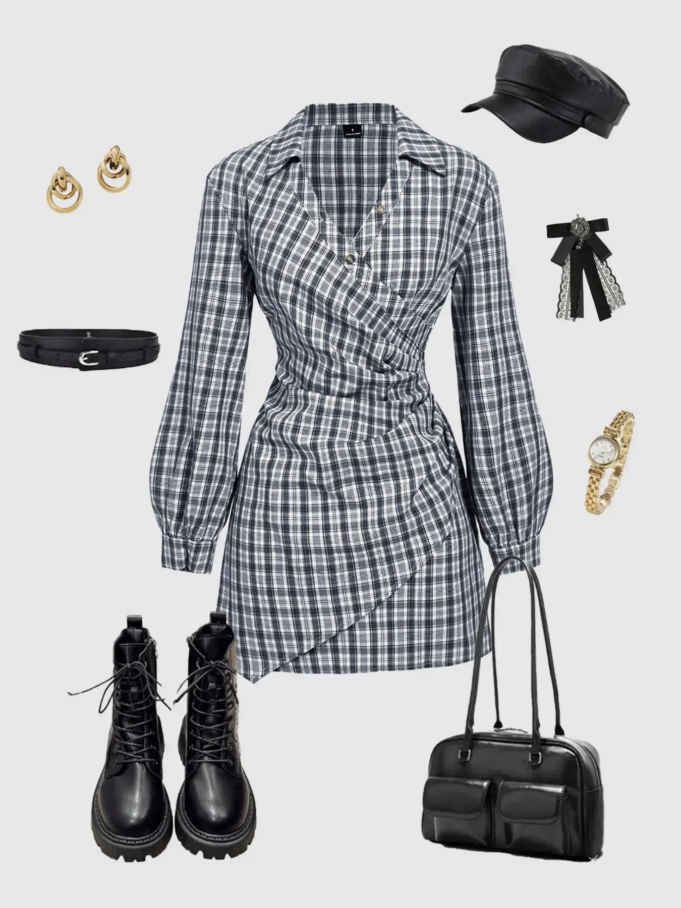 Women'S Plaid Print V-Neck Lantern Sleeve Ruched Fitted Mini Dress, Suitable for Work and School, Formal, Casual Long Sleeves Fitted Waist Stripe Print Shirt Dress by All Mart Bristol Ltd