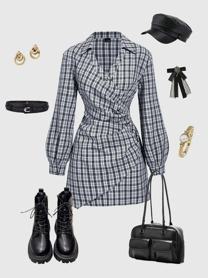Women'S Plaid Print V-Neck Lantern Sleeve Ruched Fitted Mini Dress, Suitable for Work and School, Formal, Casual Long Sleeves Fitted Waist Stripe Print Shirt Dress by All Mart Bristol Ltd