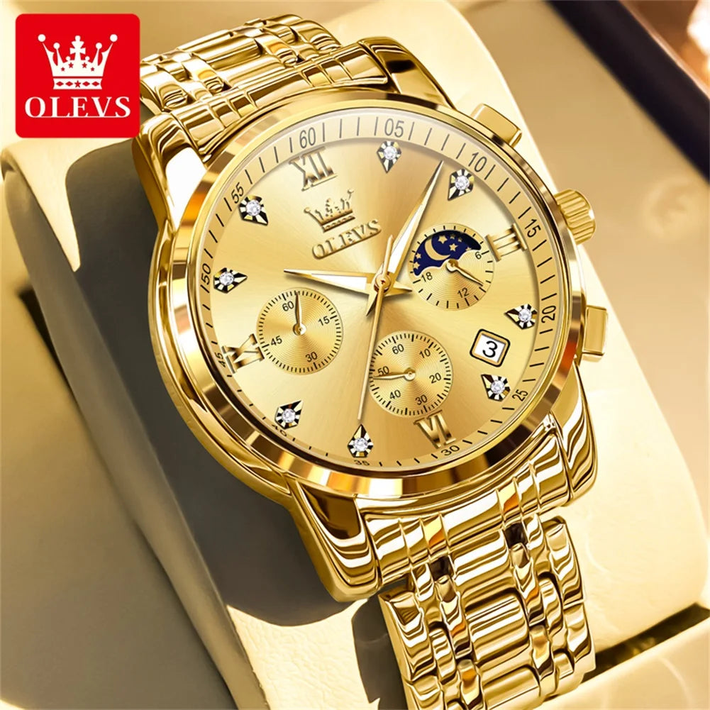 OLEVS Popular men's watches stainless steel black Moon Phase Chronograph quartz watch for man date Original brand wristwatch by All Mart Bristol Ltd